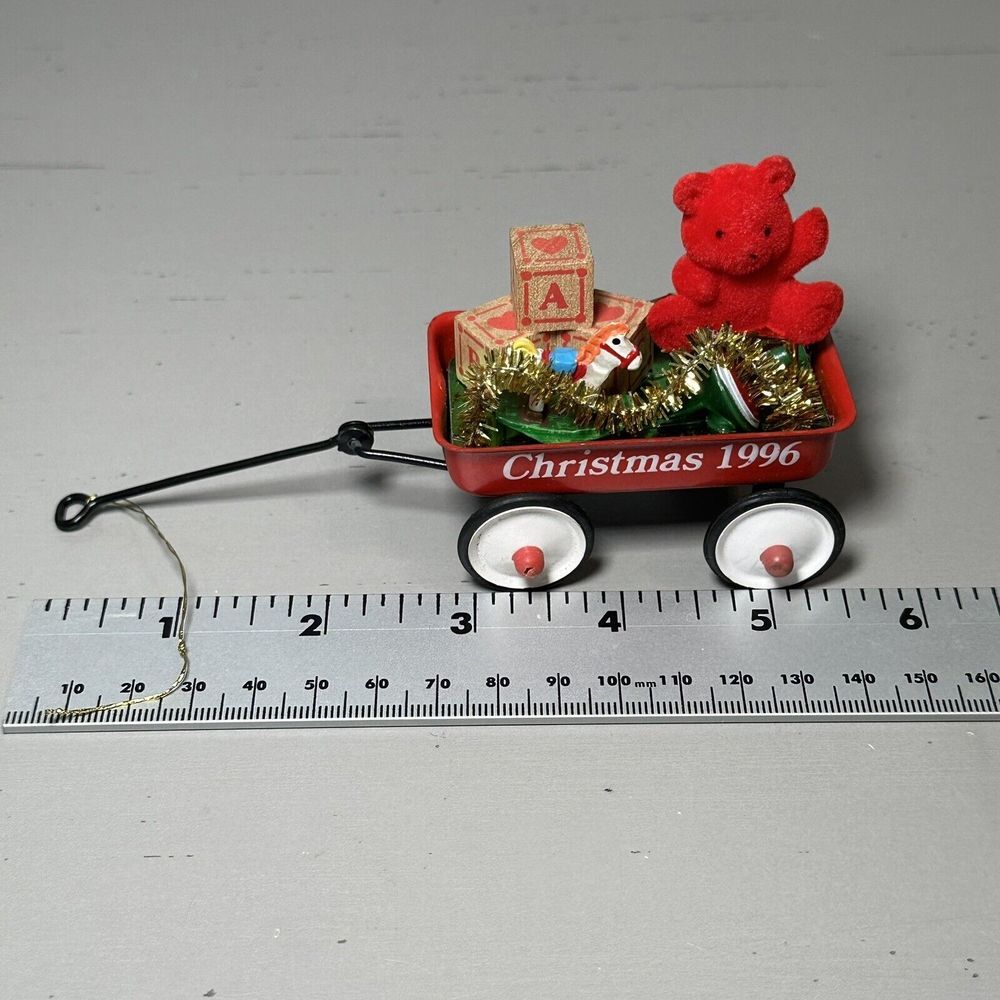 VTG 1996 Figi's Red Wagon with Toys‎ Flocked Bear Christmas Ornament